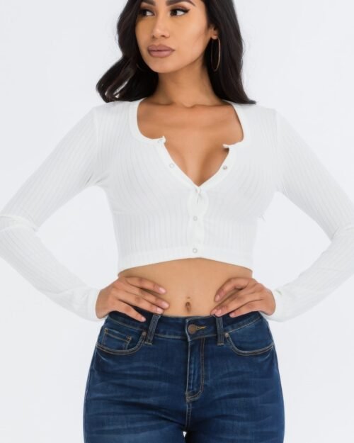 ribbed long sleeve snap button down crop top