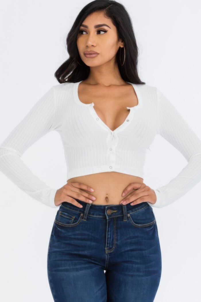Ribbed long sleeve snap button down crop top