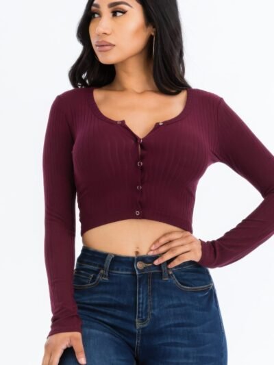 Ribbed Long Sleeve Snap Button Down Crop Top