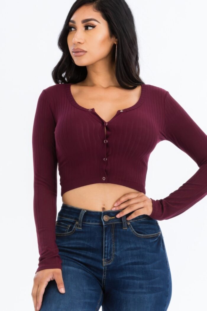 Ribbed long sleeve snap button down crop top