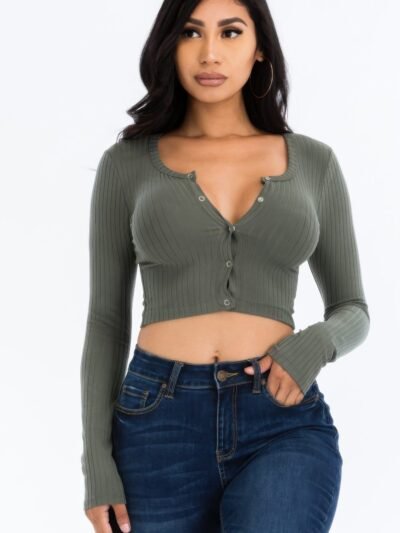 Ribbed Long Sleeve Snap Button Down Crop Top