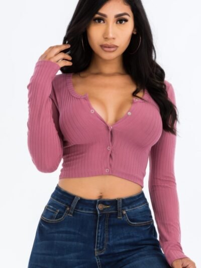 Ribbed Long Sleeve Snap Button Down Crop Top