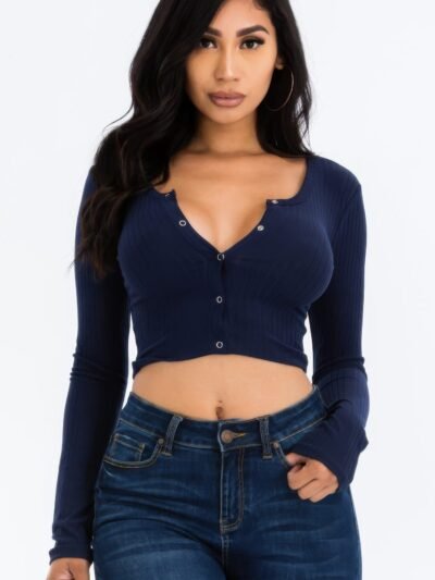 Ribbed Long Sleeve Snap Button Down Crop Top