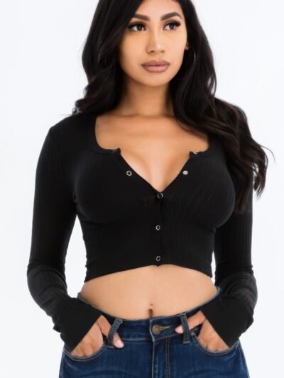 Ribbed Long Sleeve Snap Button Down Crop Top
