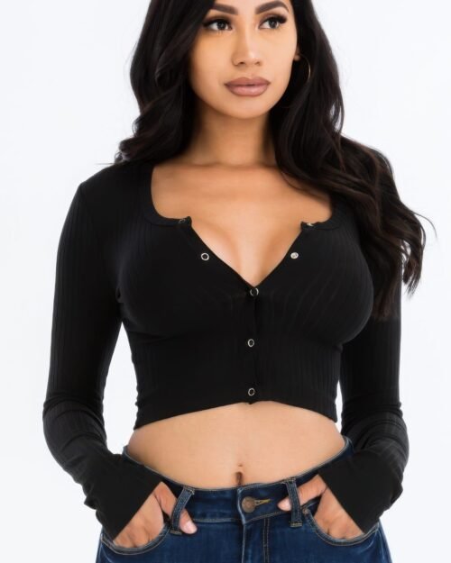 ribbed long sleeve snap button down crop top