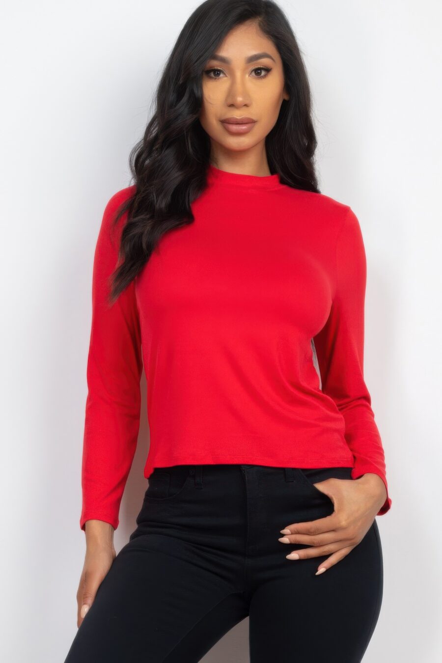 Mock neck solid long sleeve top