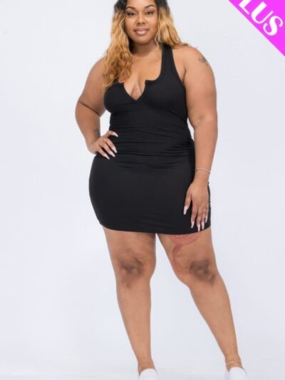 Plus Size Ribbed Split Neck Tank Mini Dress