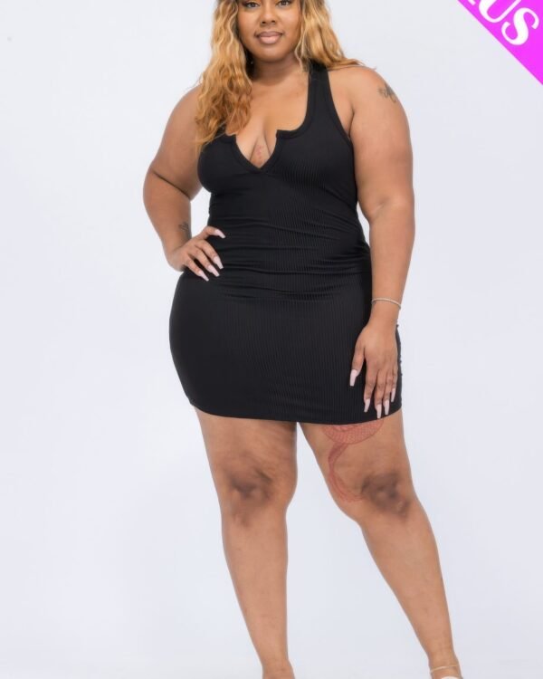 Plus Size Ribbed Split Neck Tank Mini Dress