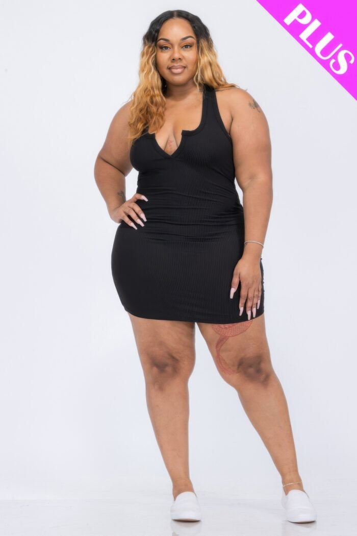 Plus size ribbed split neck tank mini dress