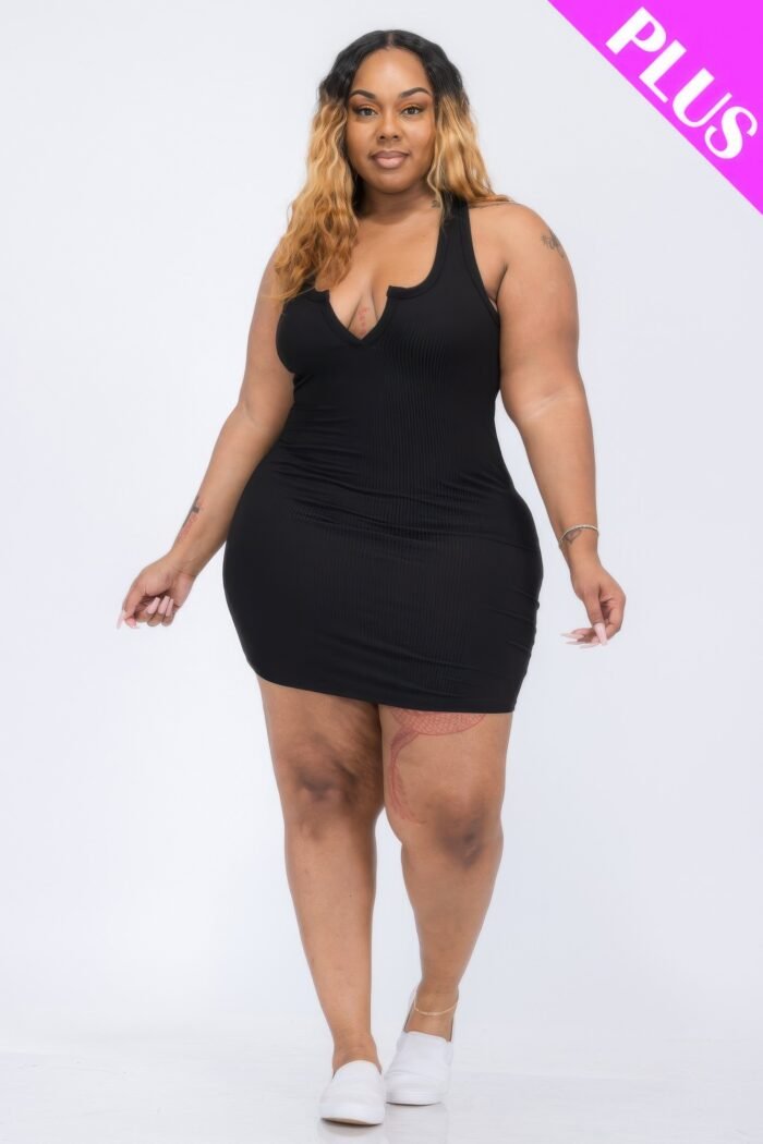 Plus size ribbed split neck tank mini dress