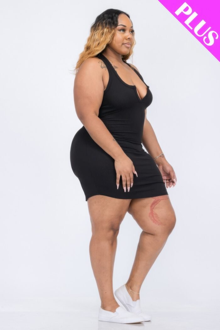 Plus size ribbed split neck tank mini dress