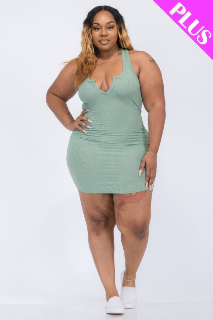 Plus size ribbed split neck tank mini dress