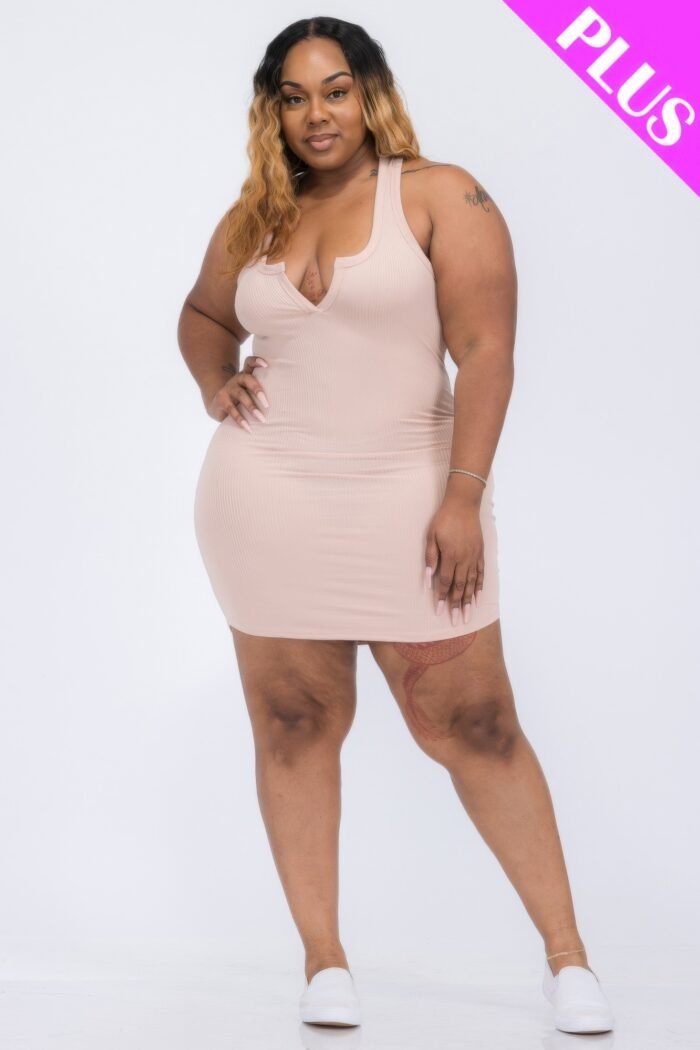 Plus size ribbed split neck tank mini dress