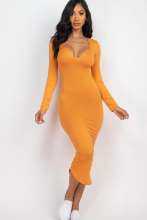 Split Neck Long Sleeve Midi Dress Split Neck Long Sleeve Midi Dress