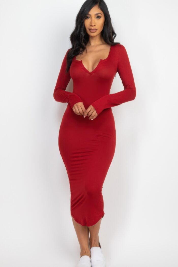 Split neck long sleeve midi dress