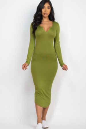 Split Neck Long Sleeve Midi Dress Split Neck Long Sleeve Midi Dress