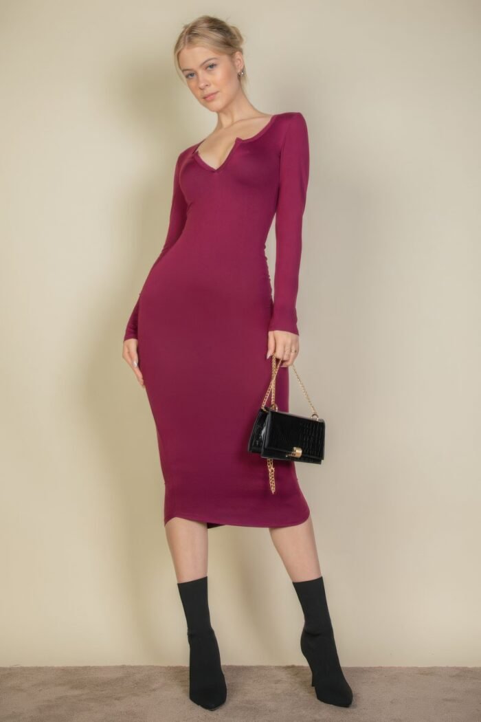 Split neck long sleeve midi dress