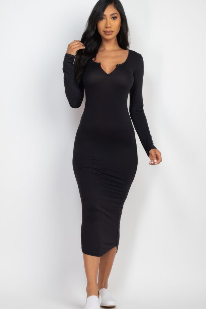 Split neck long sleeve midi dress