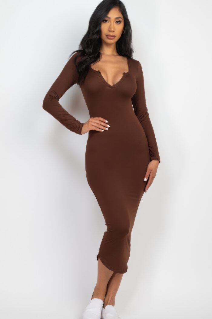Split neck long sleeve midi dress