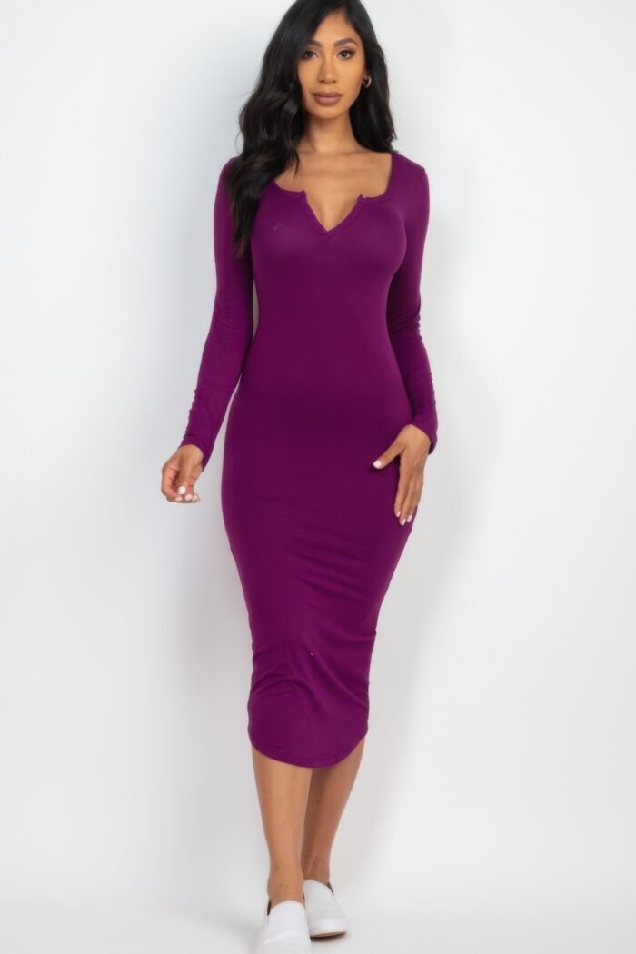 Split neck long sleeve midi dress