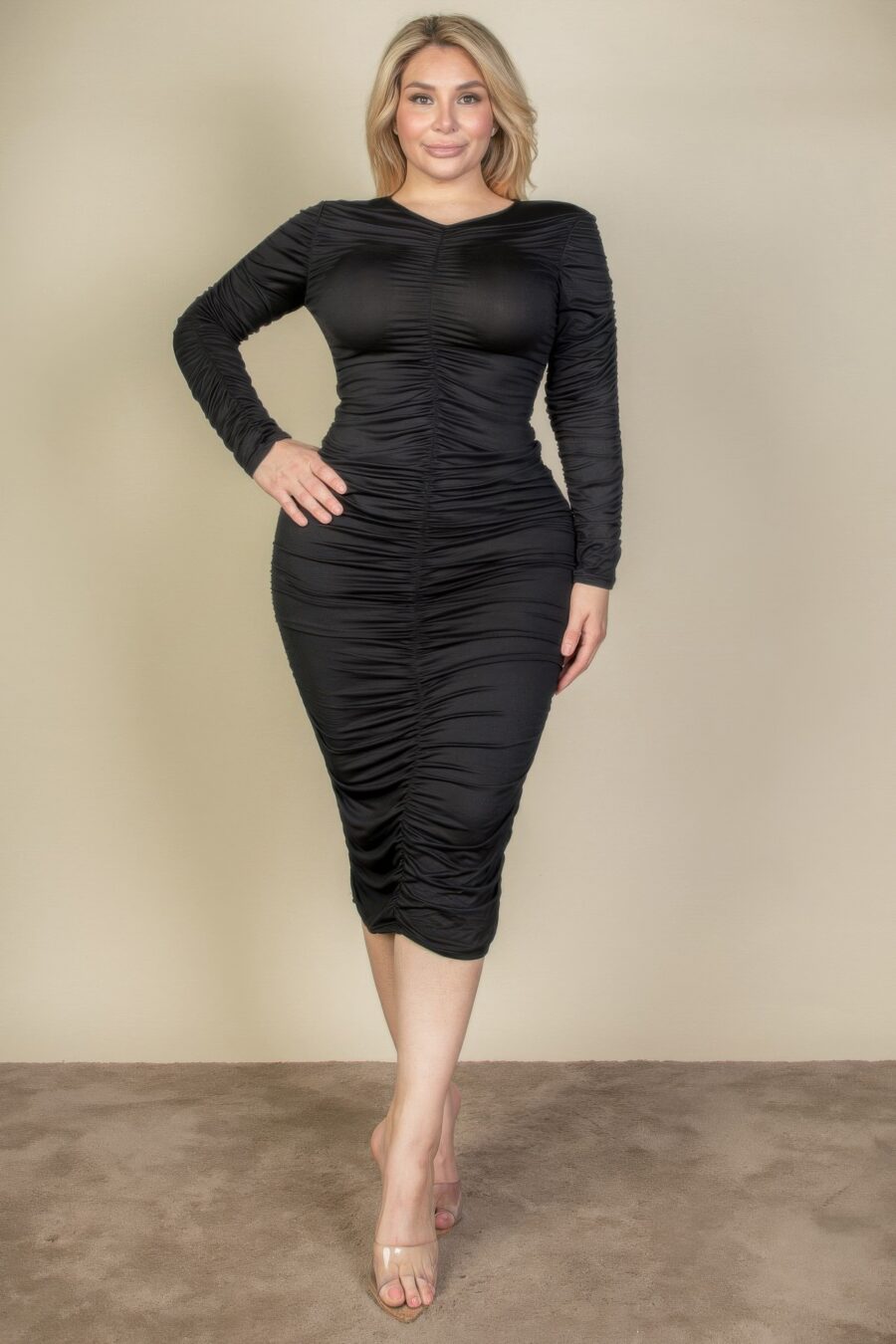 Plus size ruched long sleeve midi dress