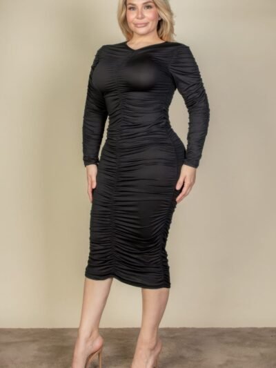 Plus Size Ruched Long Sleeve Midi Dress Plus Size Ruched Long Sleeve Midi Dress