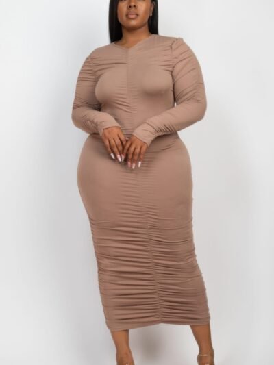 Plus Size Ruched Long Sleeve Midi Dress Plus Size Ruched Long Sleeve Midi Dress