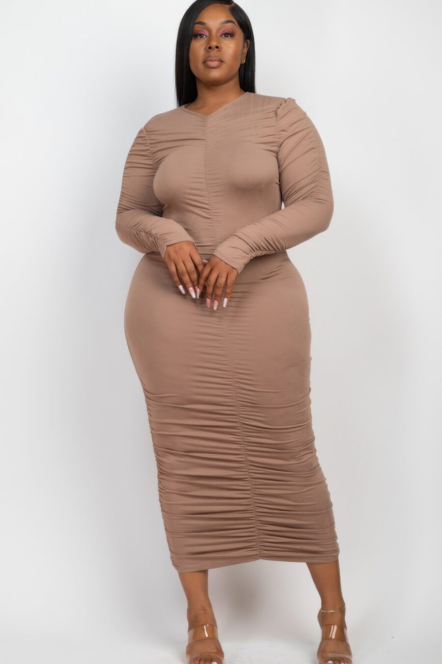 Plus size ruched long sleeve midi dress