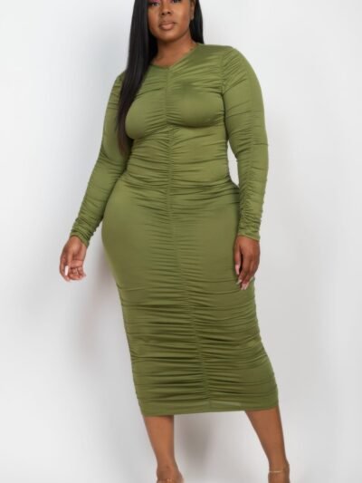 Plus Size Ruched Long Sleeve Midi Dress Plus Size Ruched Long Sleeve Midi Dress