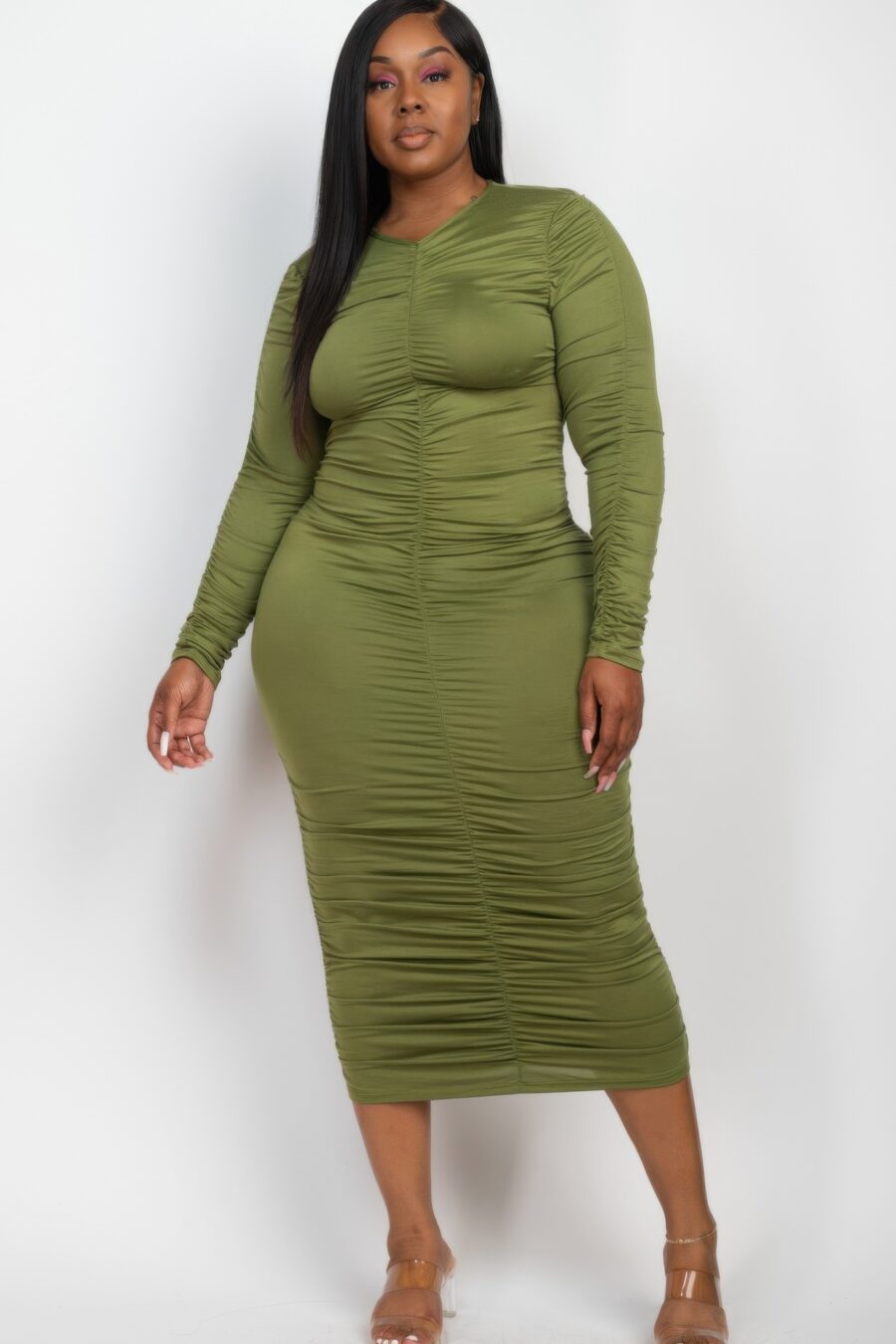 Plus size ruched long sleeve midi dress