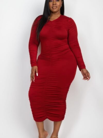 Plus Size Ruched Long Sleeve Midi Dress Plus Size Ruched Long Sleeve Midi Dress