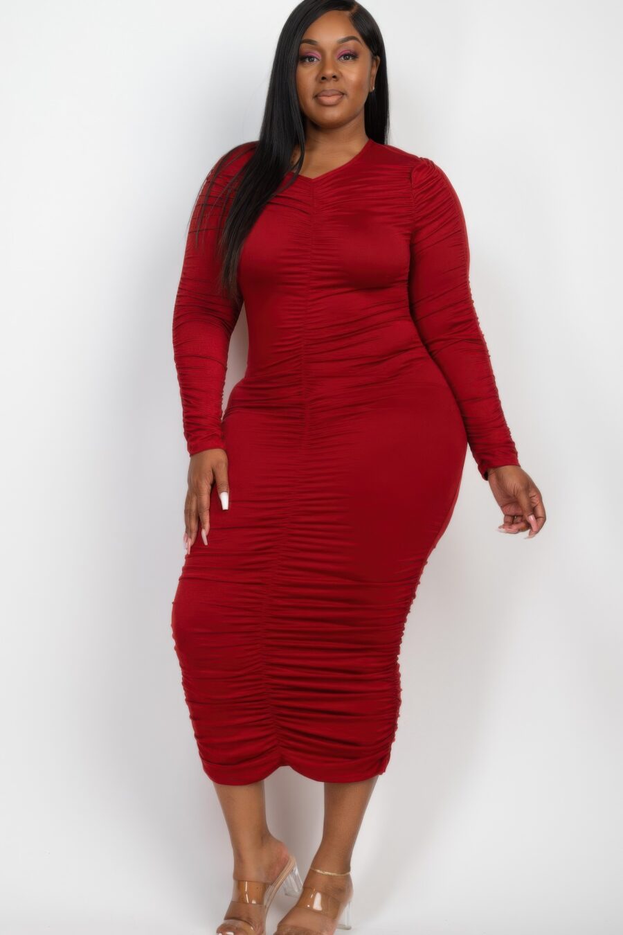 Plus size ruched long sleeve midi dress