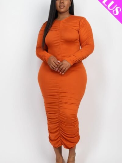 Plus Size Ruched Long Sleeve Midi Dress Plus Size Ruched Long Sleeve Midi Dress