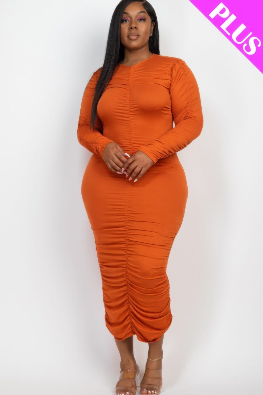 Plus size ruched long sleeve midi dress