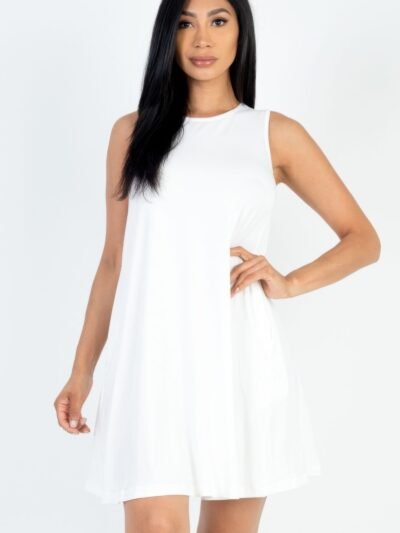 Sleeveless Flare Mini Dress — Soft Stretch Jersey Fit jersey fit and flare dress sleeveless design