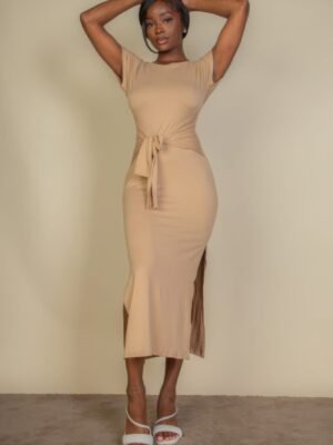 Tie Front Short Sleeve Side Slit Dress