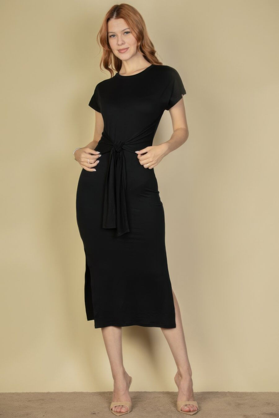 Tie front short sleeve side slit dress