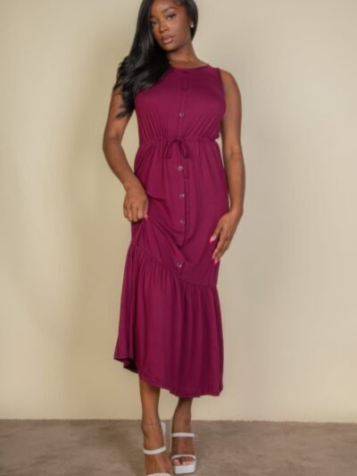Button Front Tie Waist Sleeveless Maxi Dress