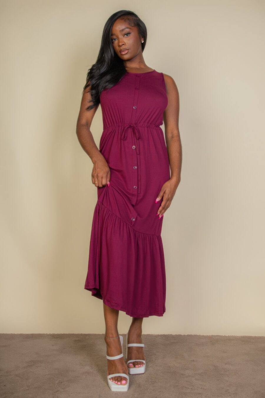 Button front tie waist sleeveless maxi dress