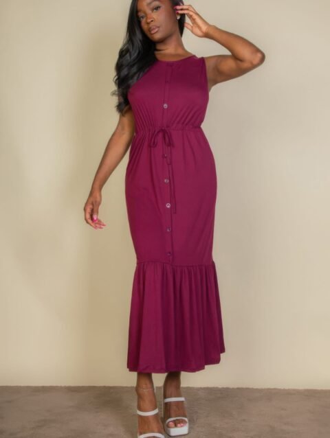 Button Front Tie Waist Sleeveless Maxi Dress