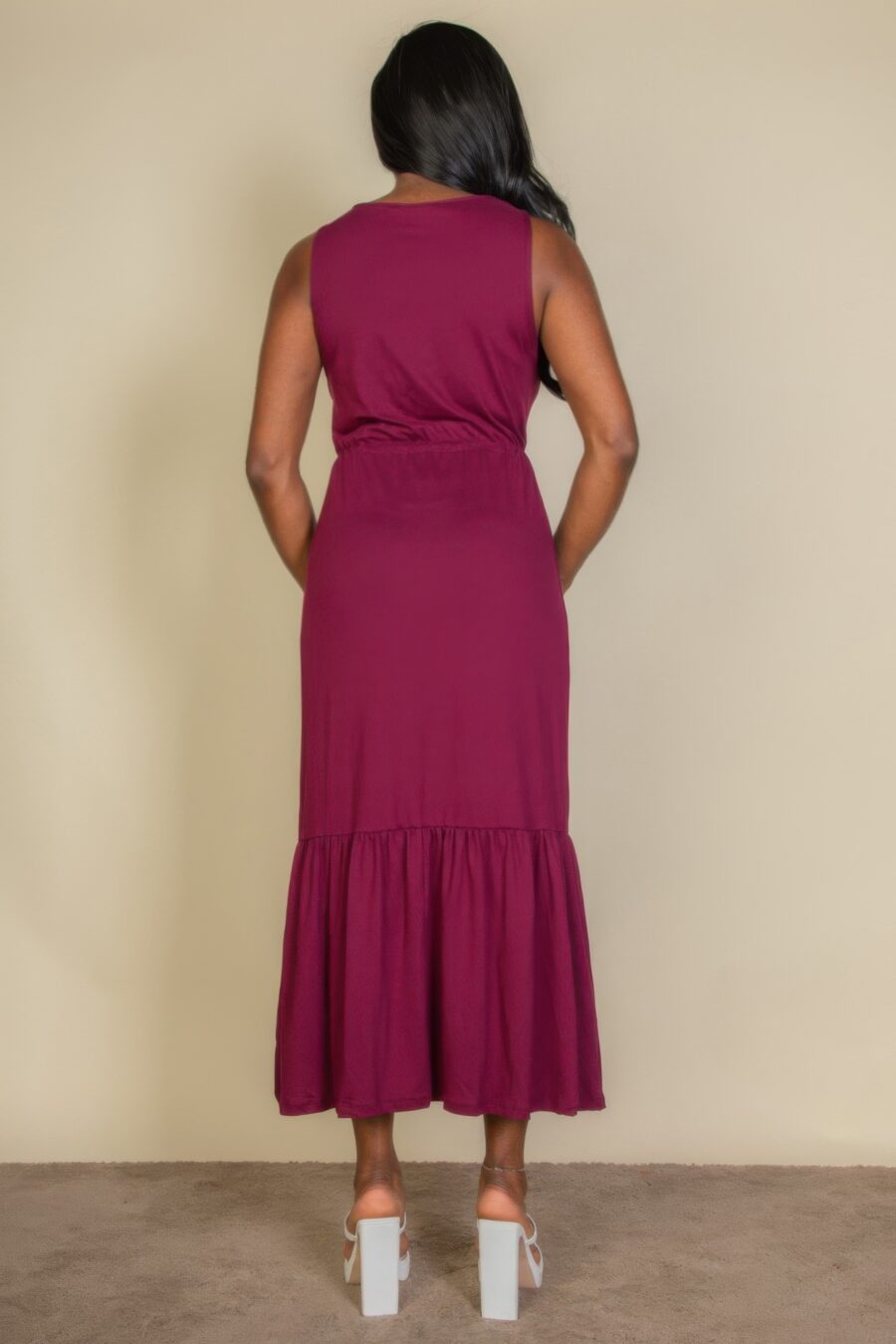 Button front tie waist sleeveless maxi dress