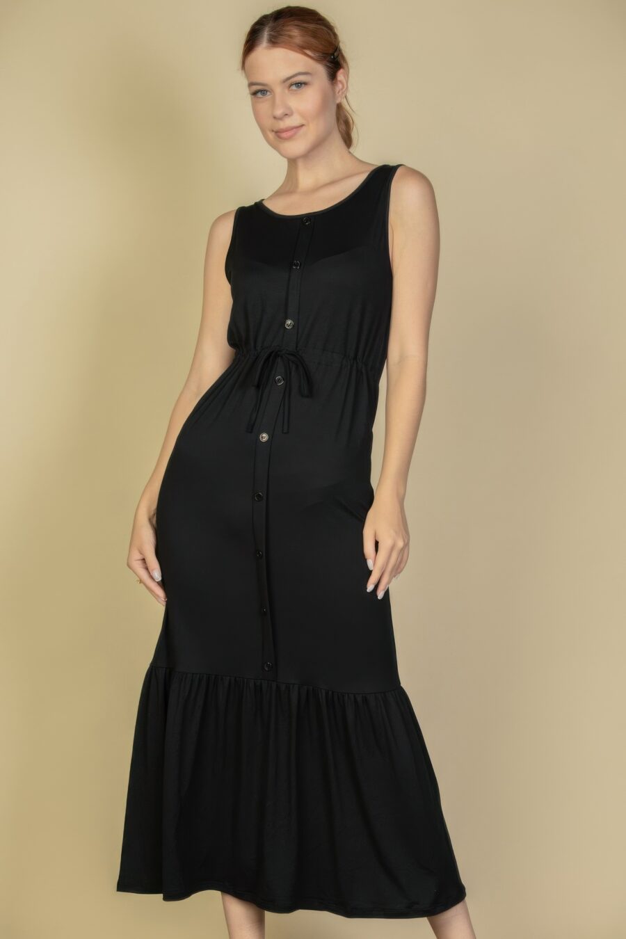 Button front tie waist sleeveless maxi dress