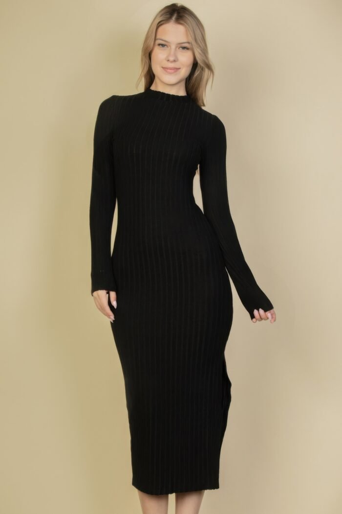 Sweater-knit fuzzy mock neck split thigh dress - image 7
