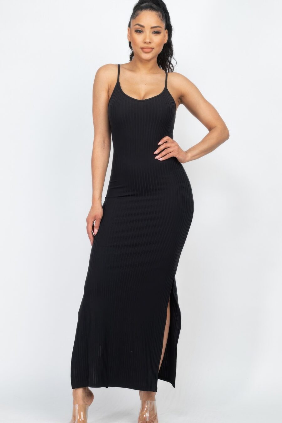 Ribbed side slit long cami dress