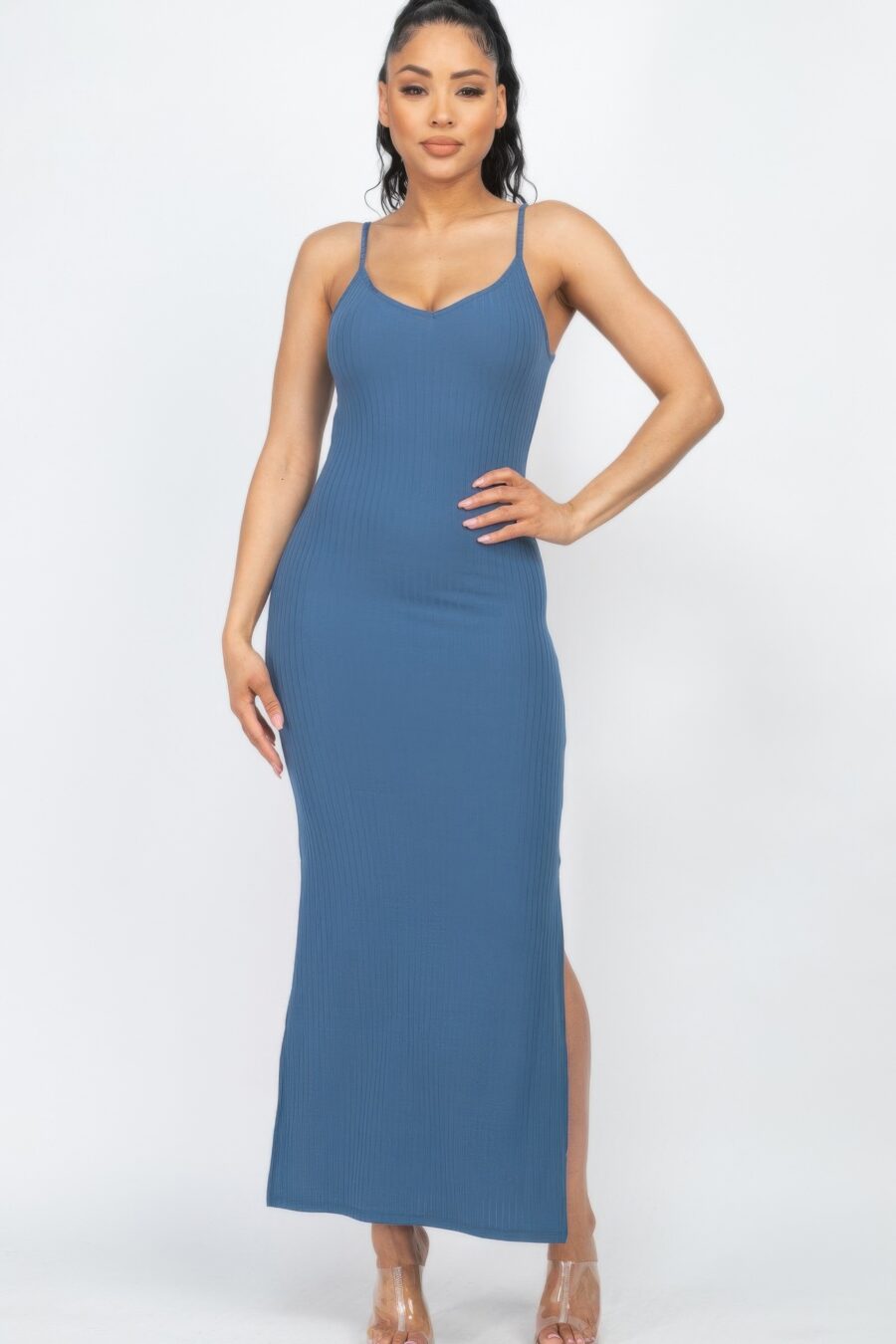 Ribbed side slit long cami dress