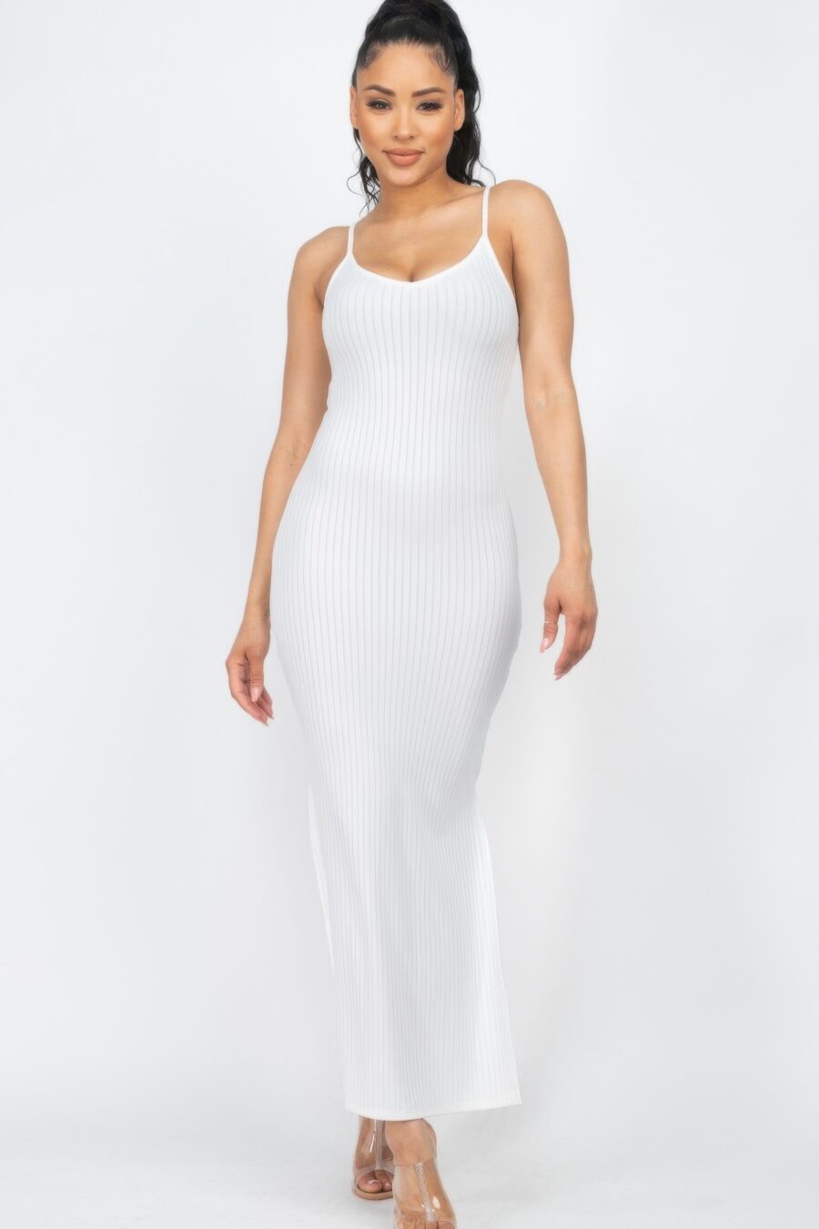 Ribbed side slit long cami dress