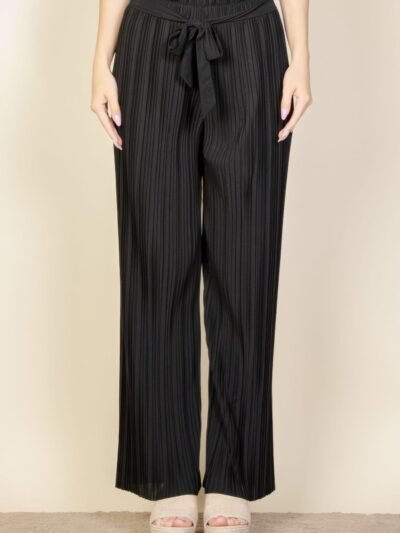 Pleated Stretch Crepe Pull-on Wide Leg Tie Front Pants