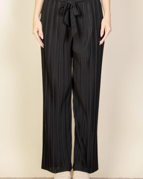 Pleated Stretch Crepe Pull-on Wide Leg Tie Front Pants