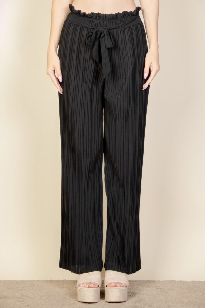 Pleated stretch crepe pull-on wide leg tie front pants