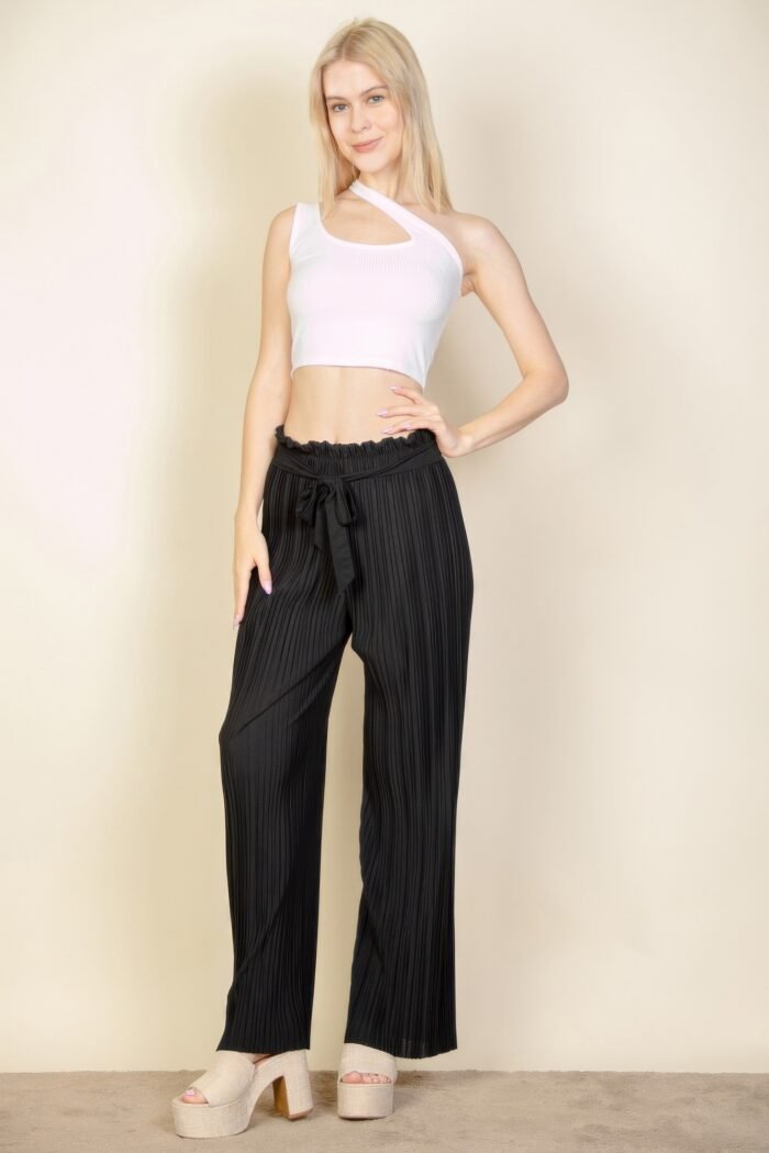 Pleated stretch crepe pull-on wide leg tie front pants